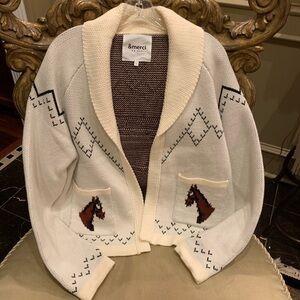 Cream and Brown Knit Cardigan with Horse Design - Size small (oversized) - NWOT